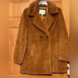 Madden Girl Juniors Faux Fur Button Super Soft Jacket Coat Cognac Brown Size S